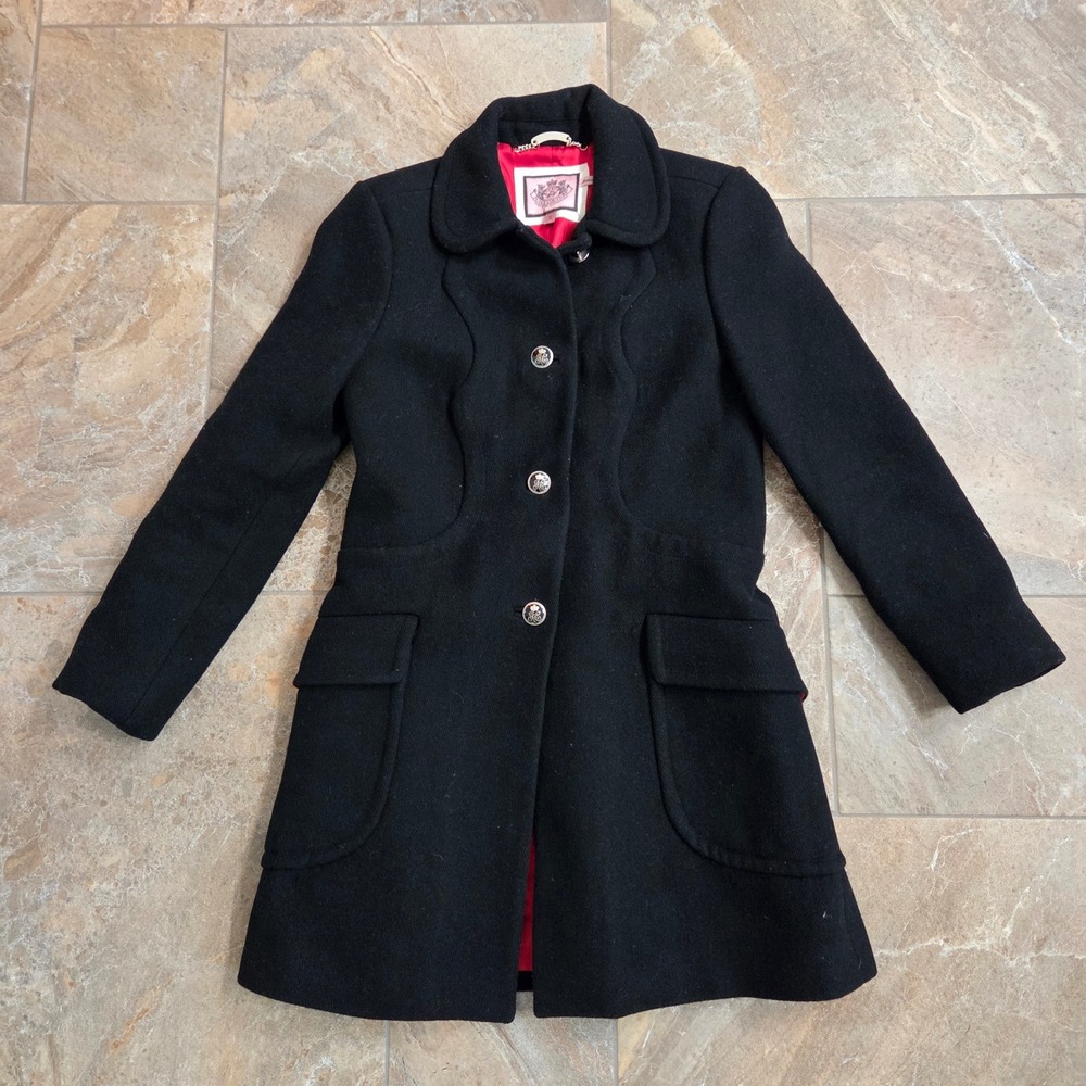 Juicy Couture Black Wool Blend Button Front Coat Jacket Size S